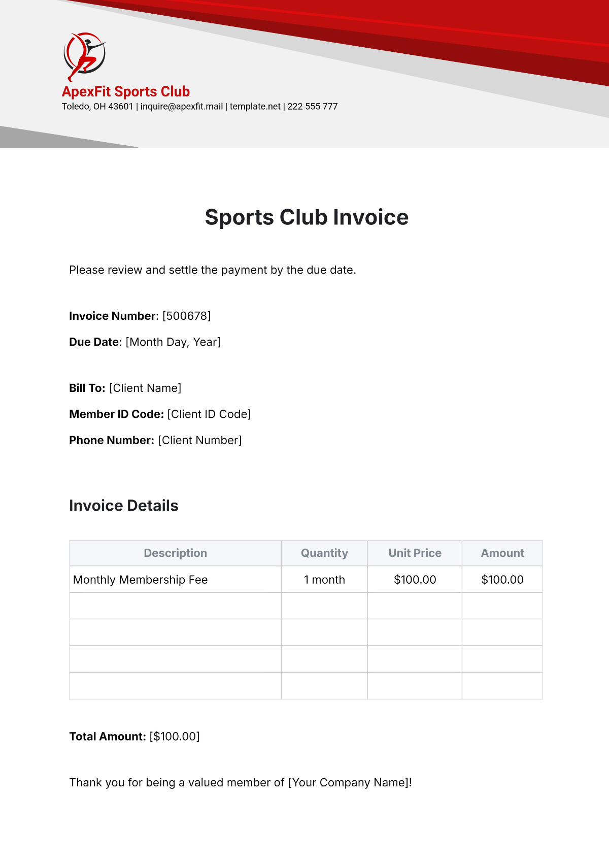 Sports Club Invoice Template - Edit Online & Download