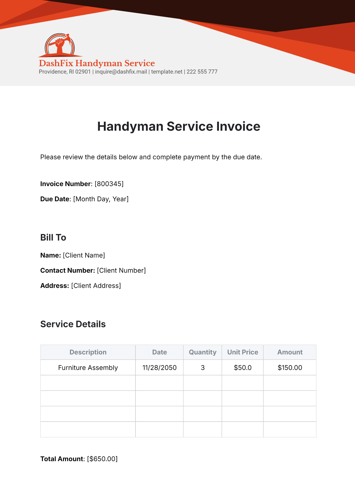 Handyman Service Invoice Template - Edit Online & Download