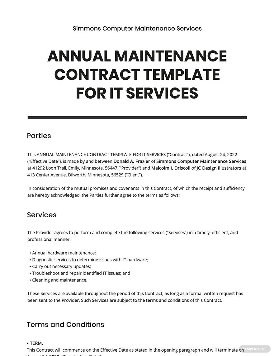 Annual Maintenance Contract Template for IT Services Google Docs