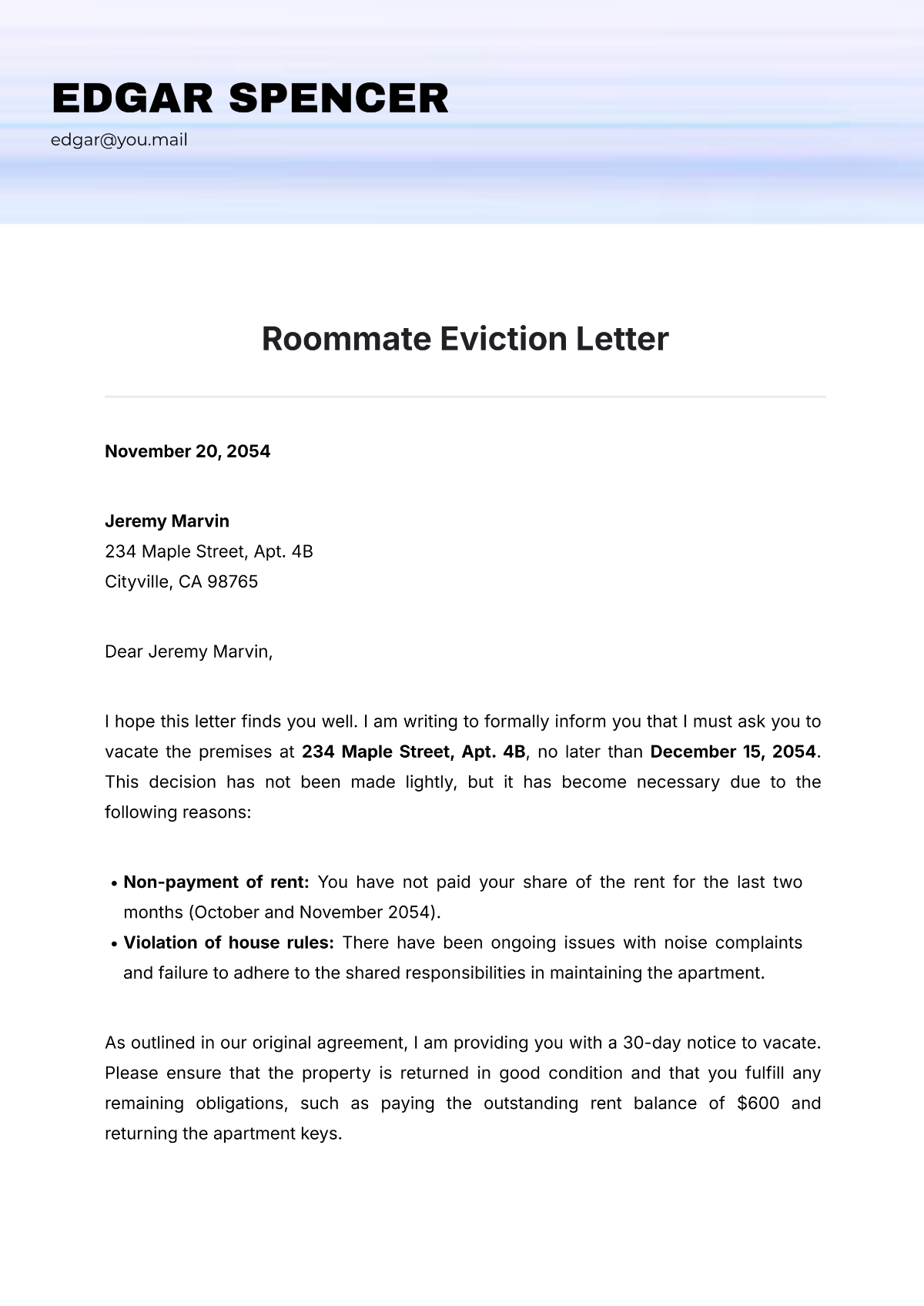 Roommate Eviction Letter Template - Edit Online & Download