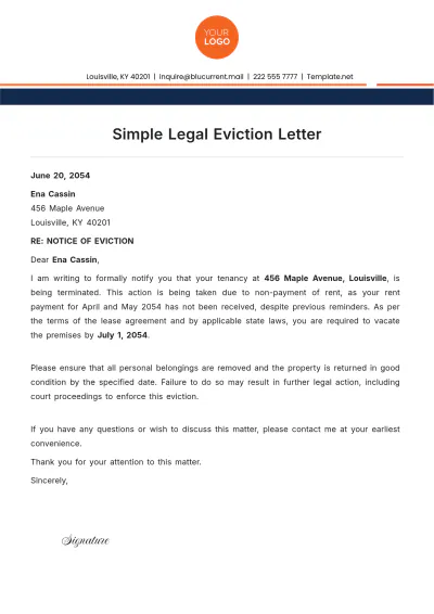 Free Simple Legal Eviction Letter Template to Edit Online