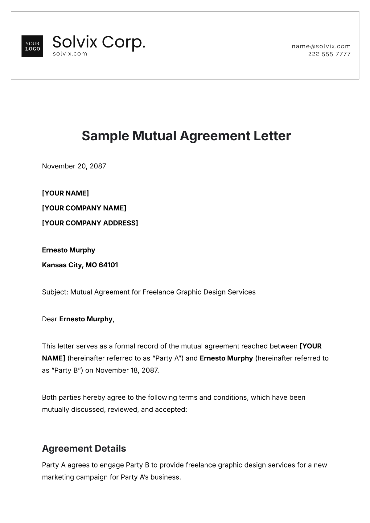 Sample Mutual Agreement Letter Template - Edit Online & Download