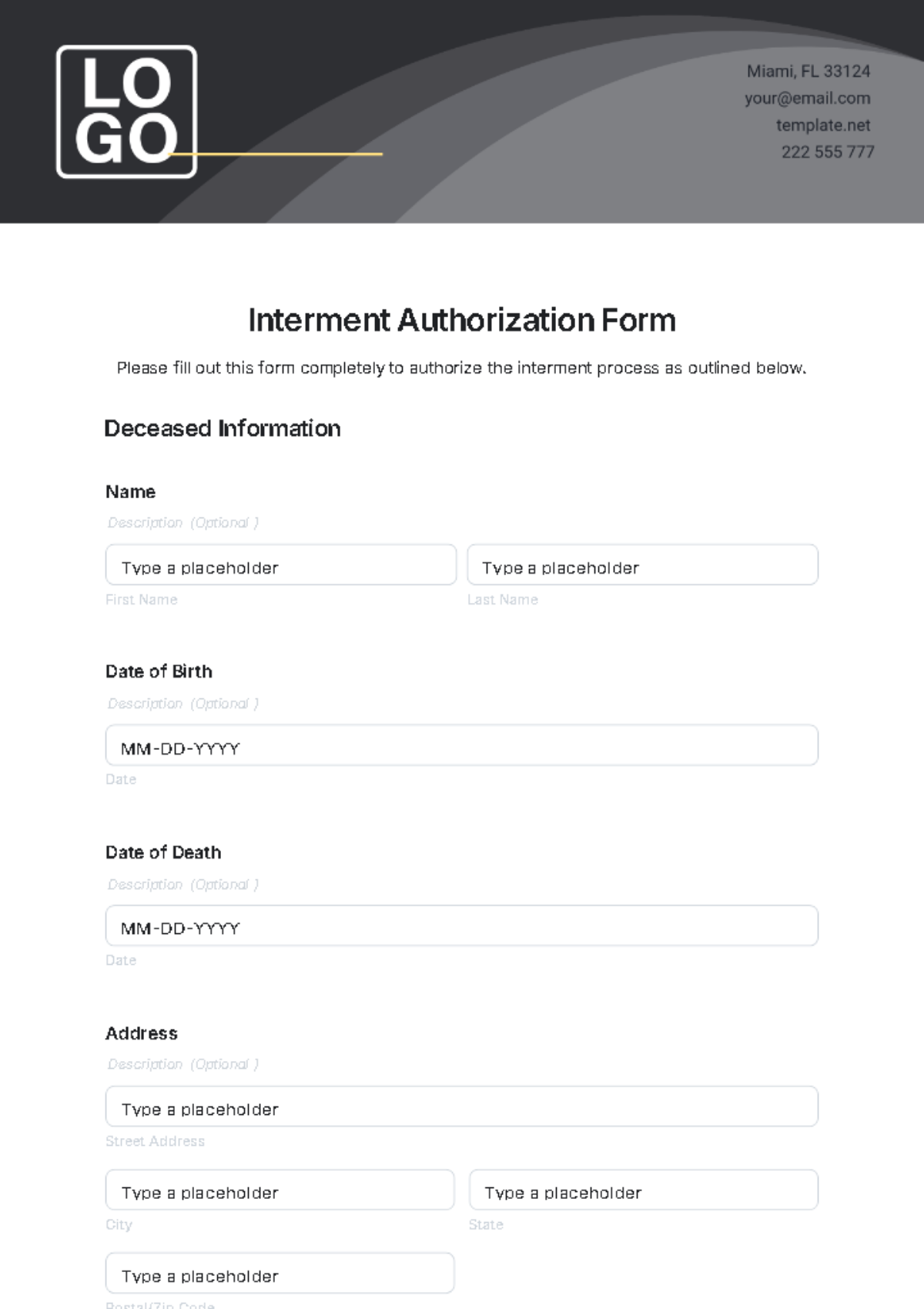 Interment Authorization Form Template - Edit Online & Download