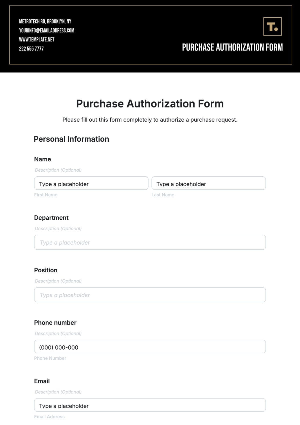 Free Purchase Authorization Form Template