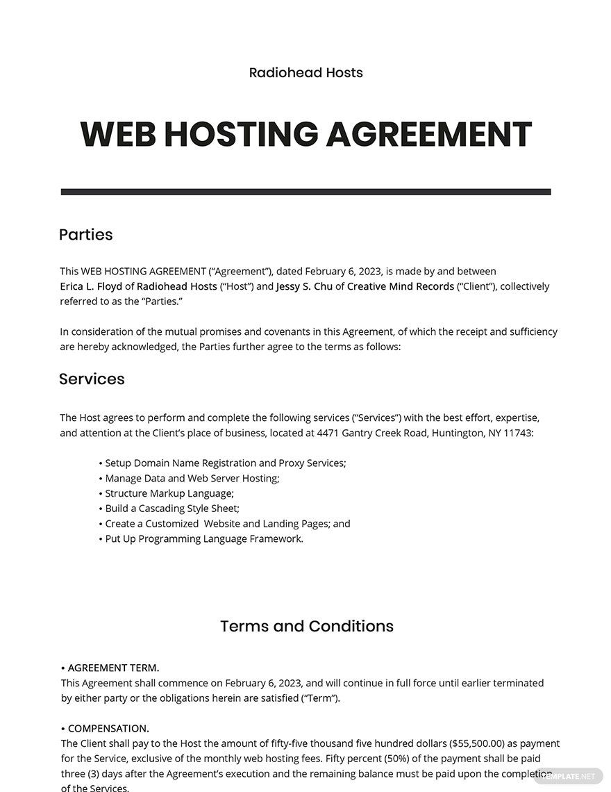 Web Hosting Agreement Template