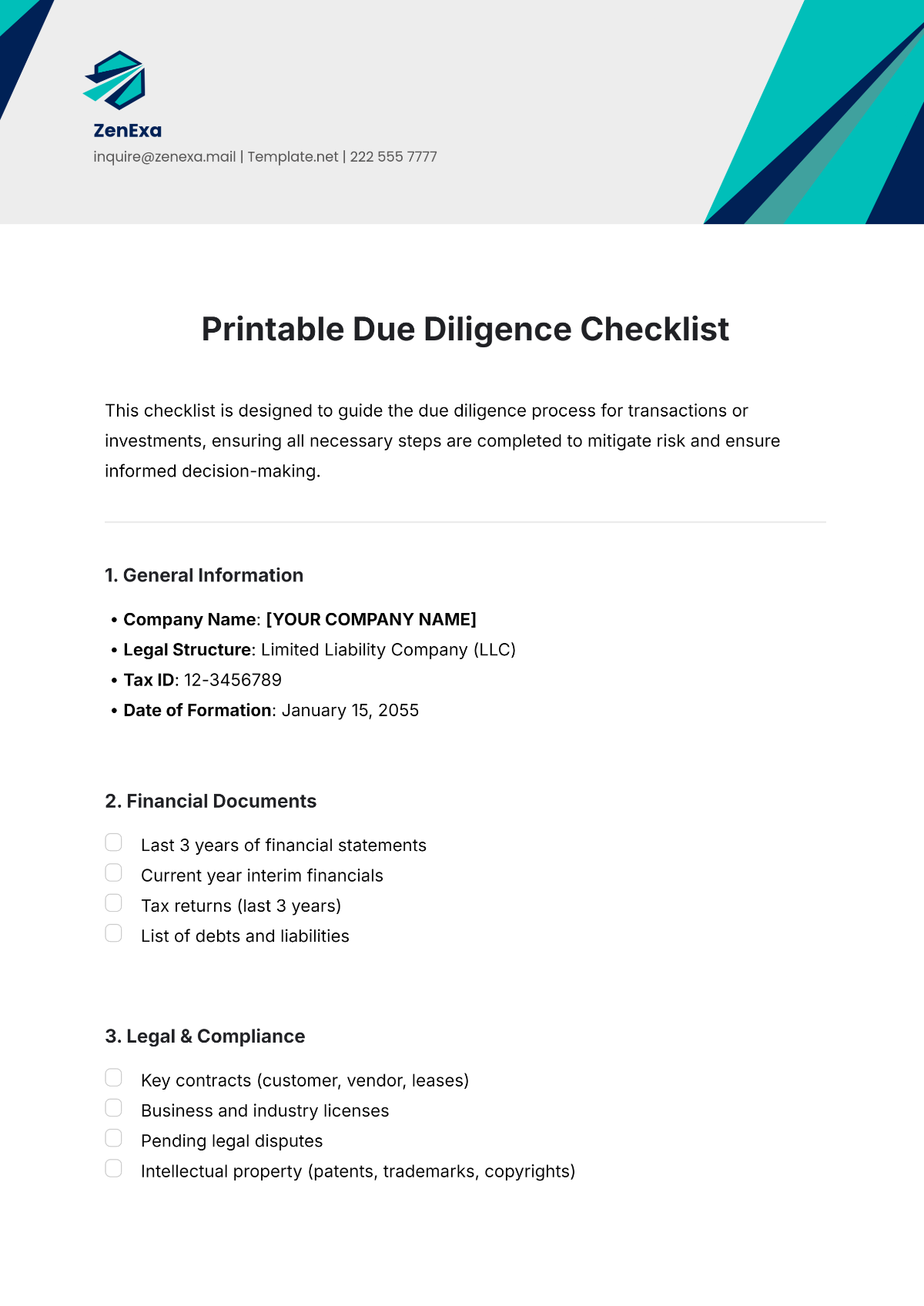 Free Printable Due Diligence Checklist Template