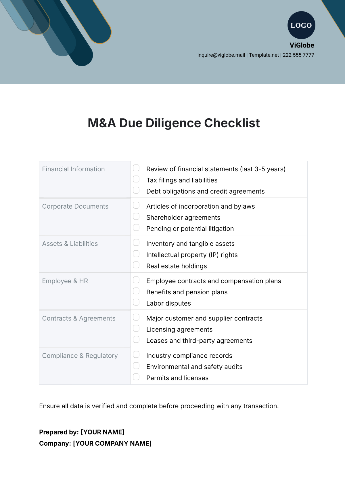 Free M&A Due Diligence Checklist Template