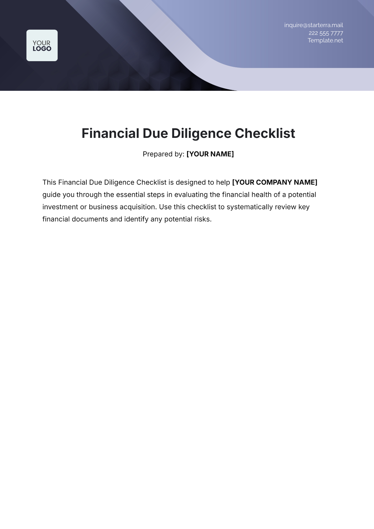 Financial Due Diligence Checklist Template - Edit Online & Download