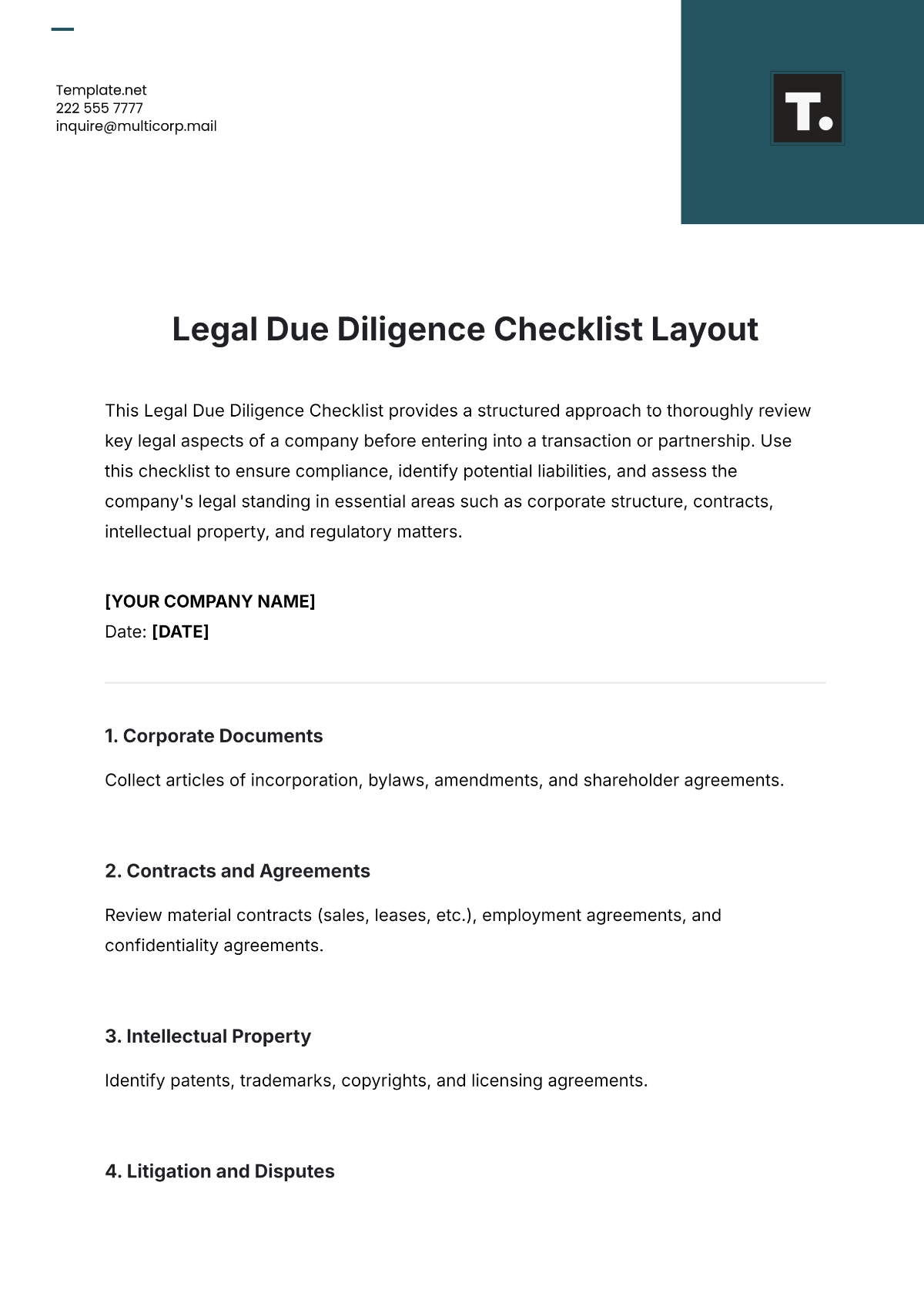 Legal Due Diligence Checklist Layout Template - Edit Online & Download