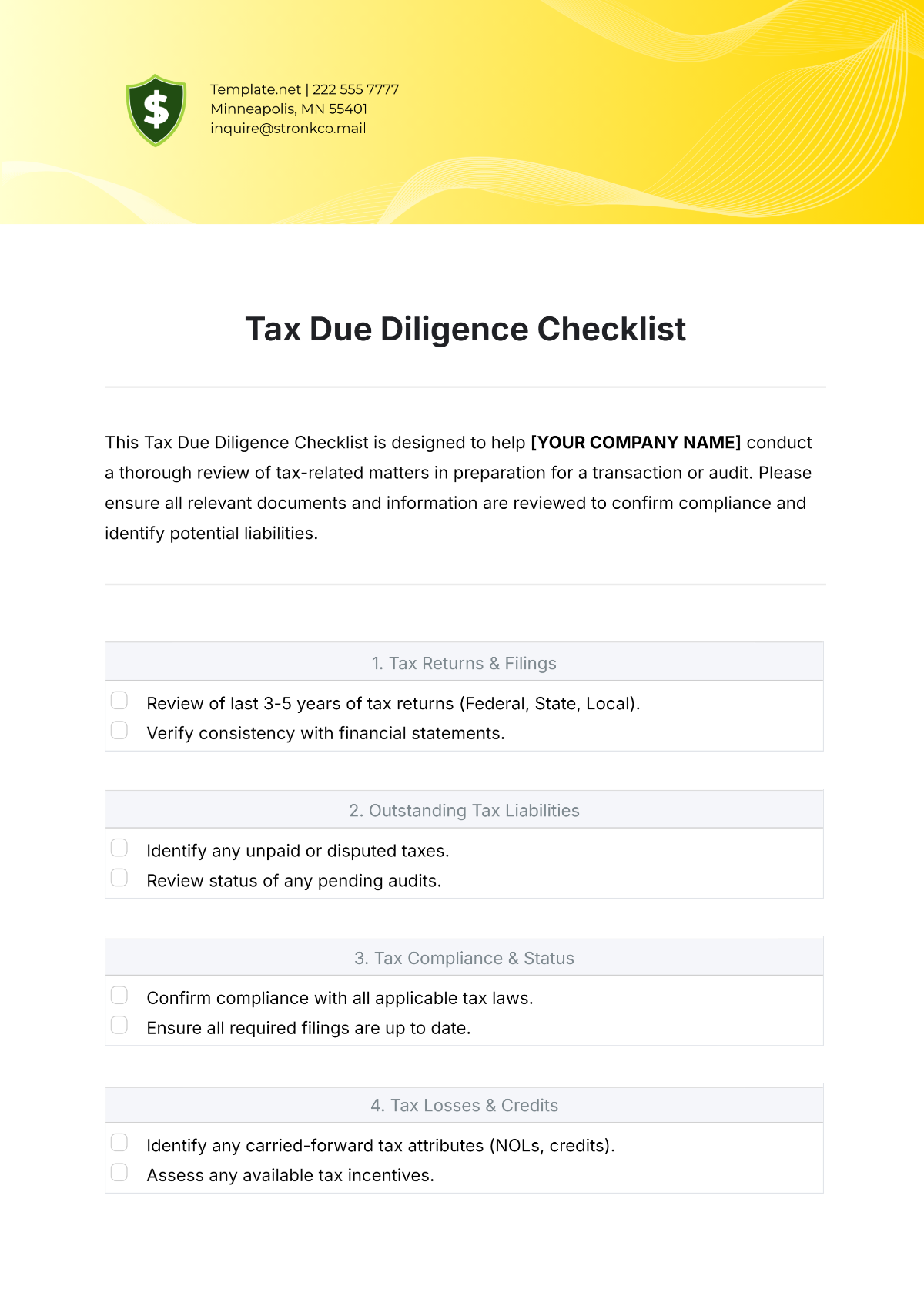 Tax Due Diligence Checklist Template - Edit Online & Download