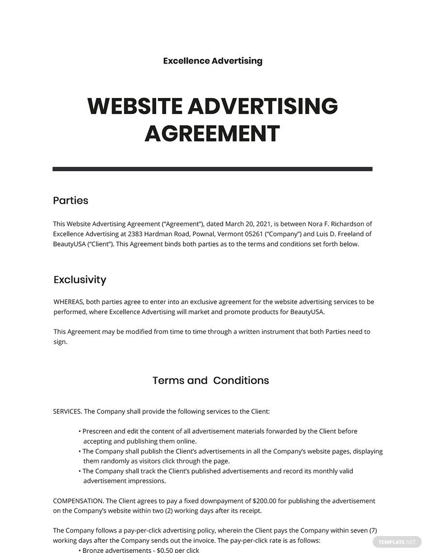 Website Advertising Agreement Template