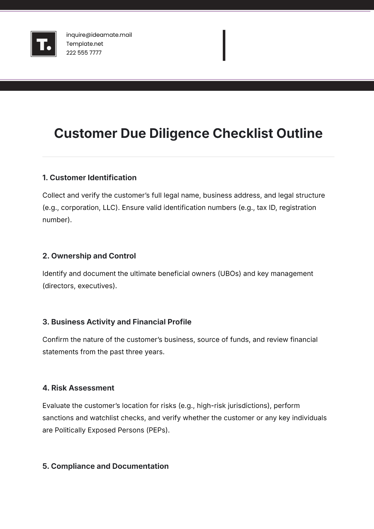 Free Customer Due Diligence Checklist Outline Template