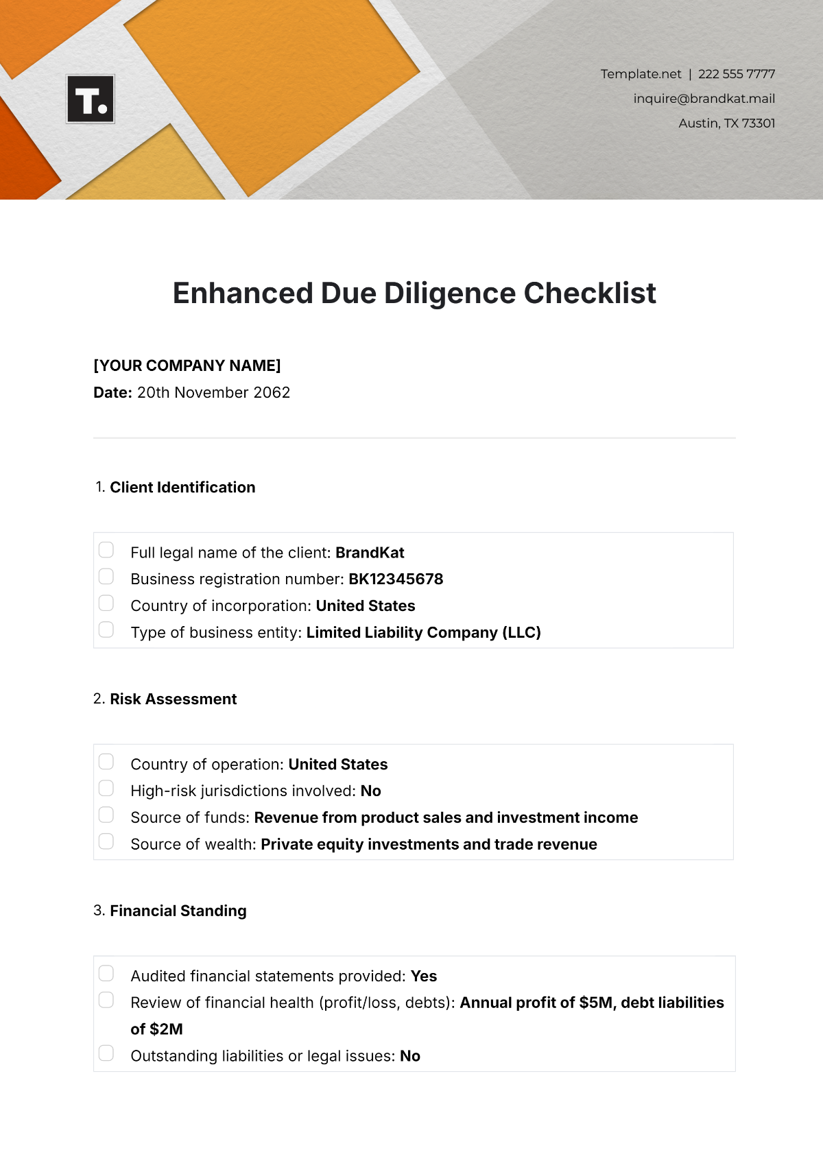 Enhanced Due Diligence Checklist Template - Edit Online & Download