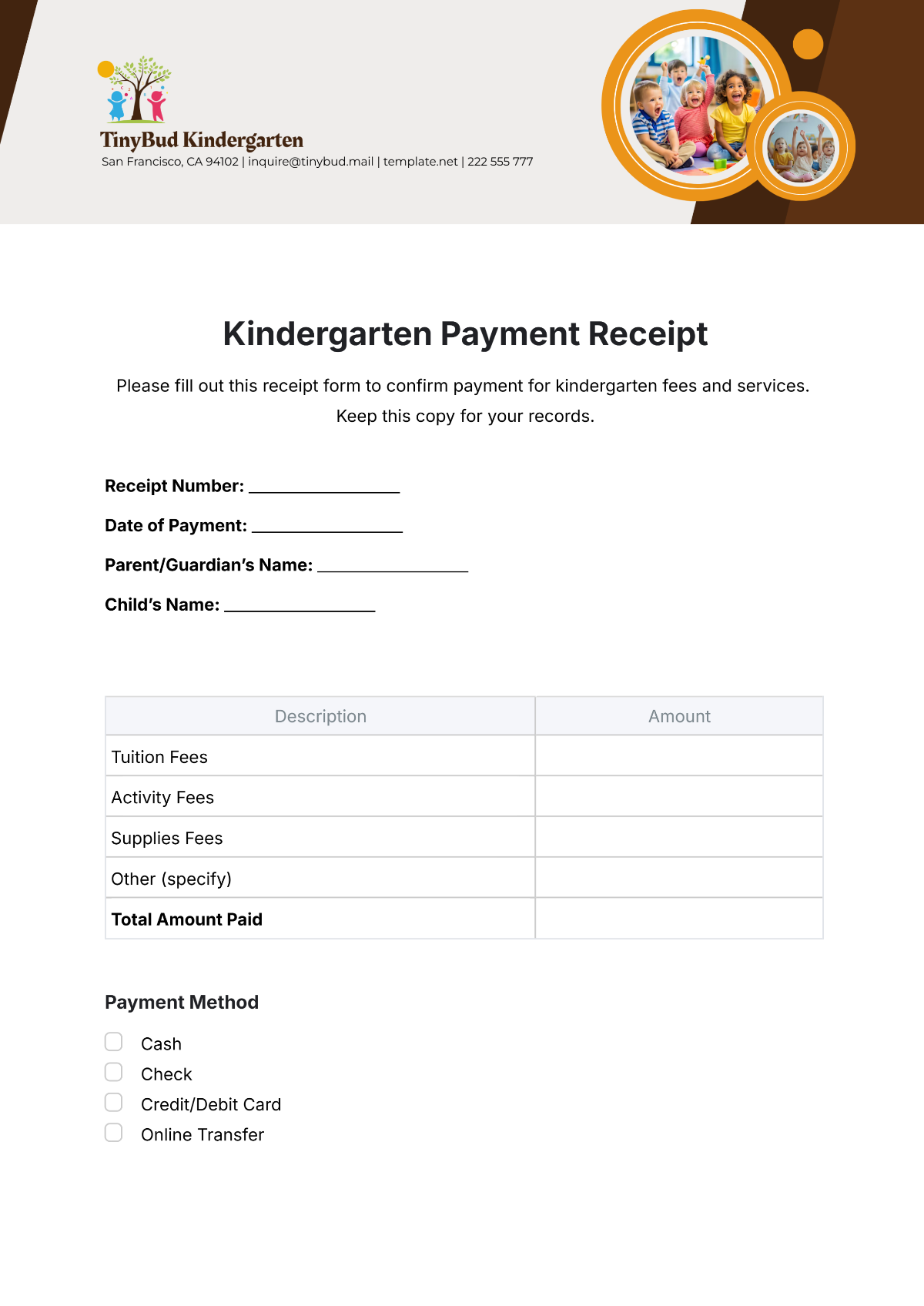 Kindergarten Payment Receipt Template