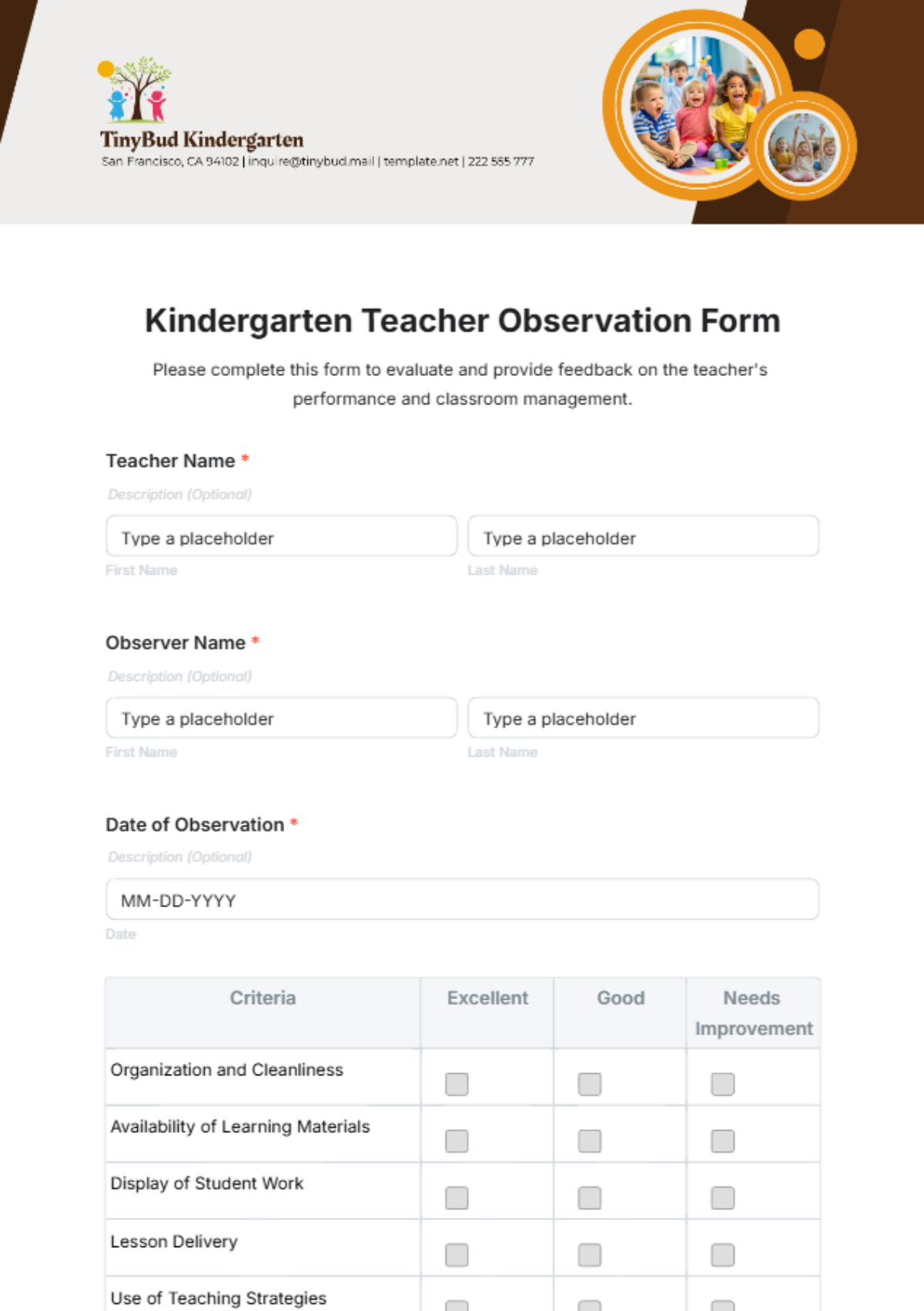 Kindergarten Teacher Observation Form Template