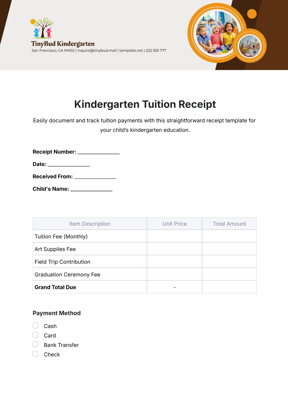 Kindergarten Tuition Receipt Template