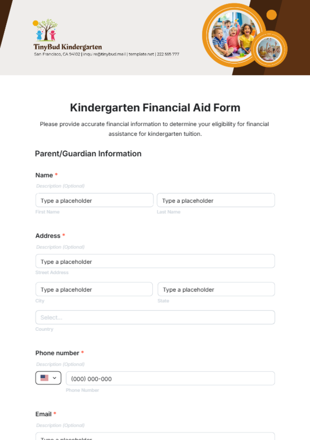 Kindergarten Financial Aid Form Template