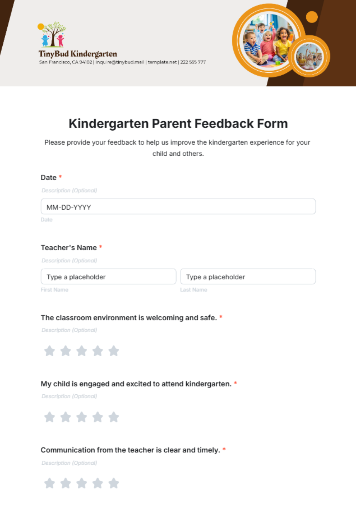 Kindergarten Parent Feedback Form Template