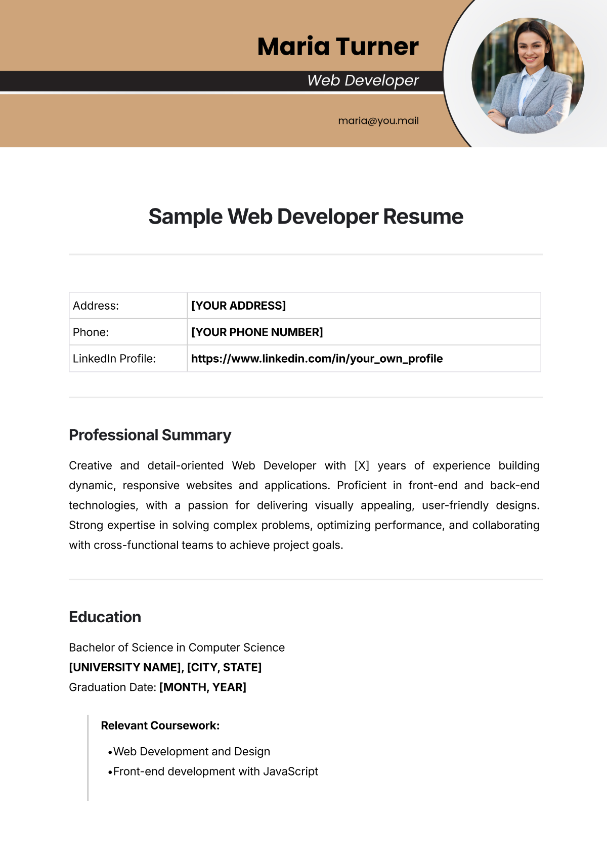 Sample Web Developer Resume Template - Edit Online & Download