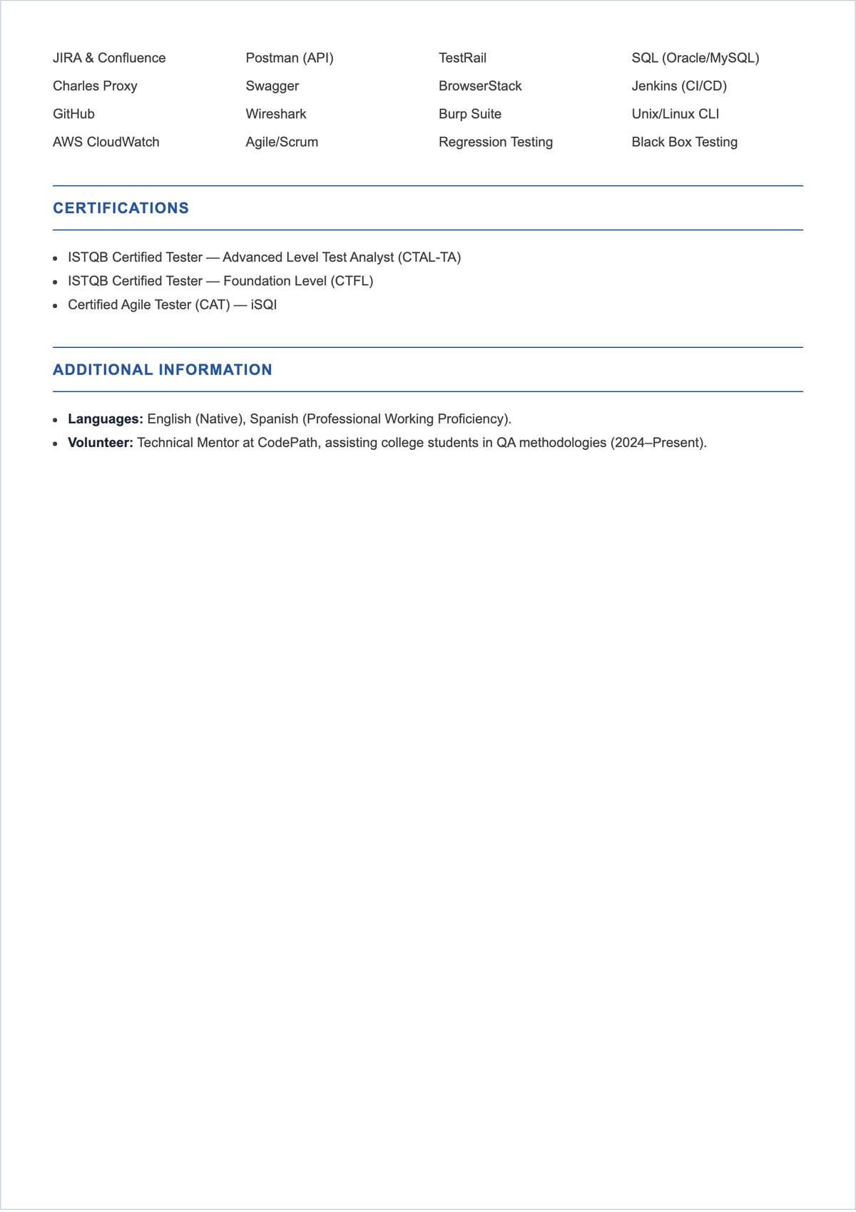 Free Sample Manual Testing Engineer ATS Resume Template