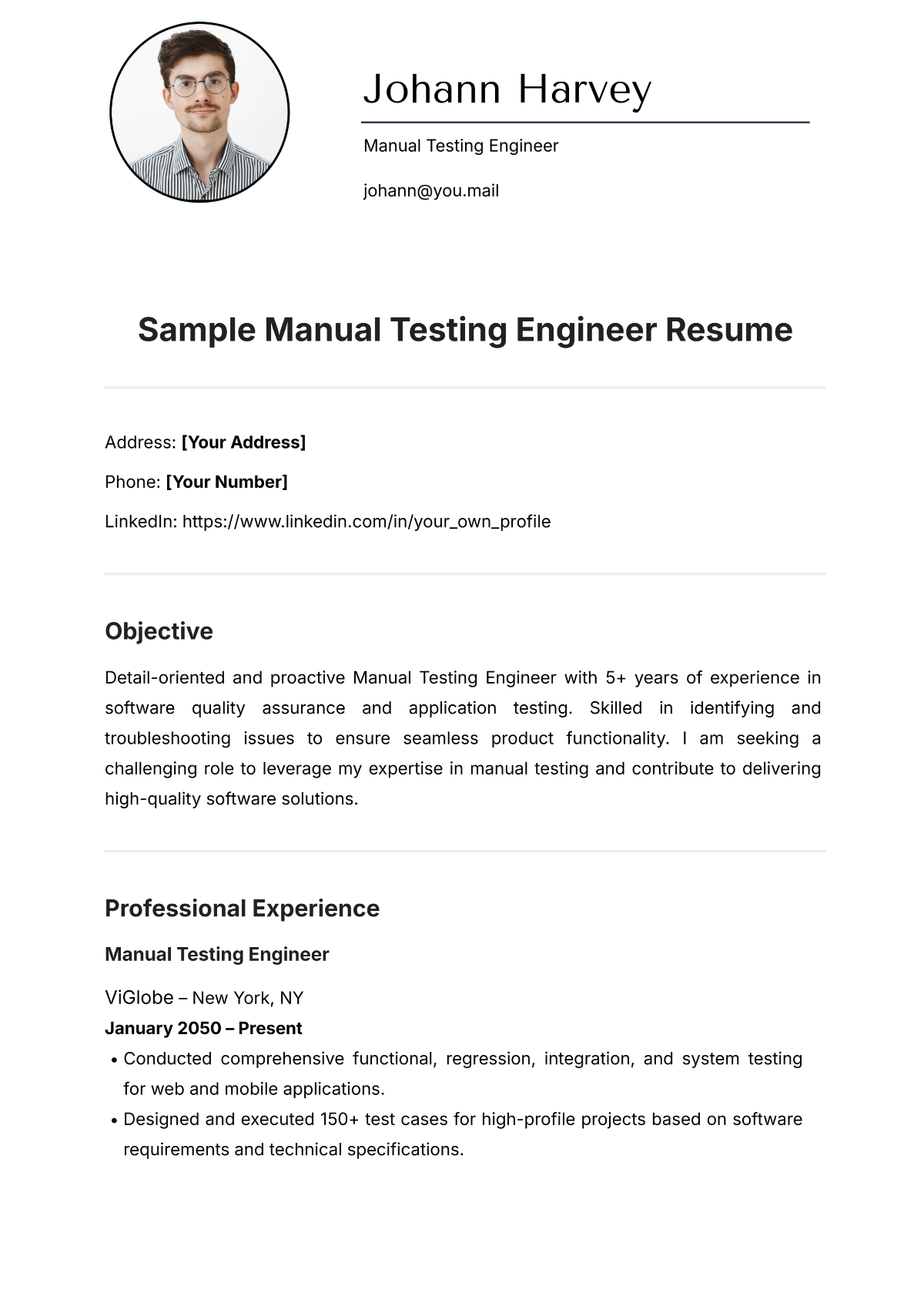 Sample Manual Testing Engineer Resume Template - Edit Online & Download