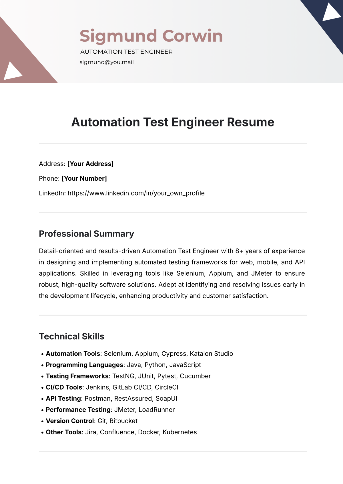 Automation Test Engineer Resume Template - Edit Online & Download