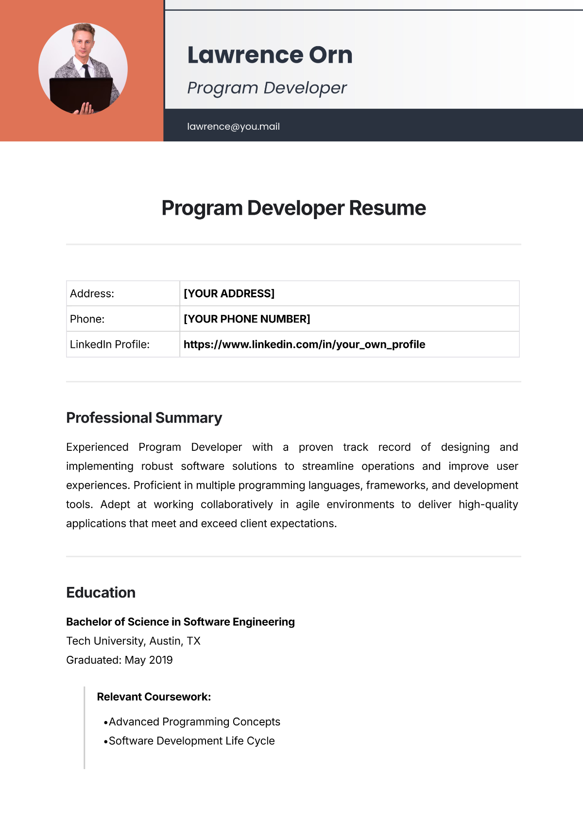 Program Developer Resume Template - Edit Online & Download