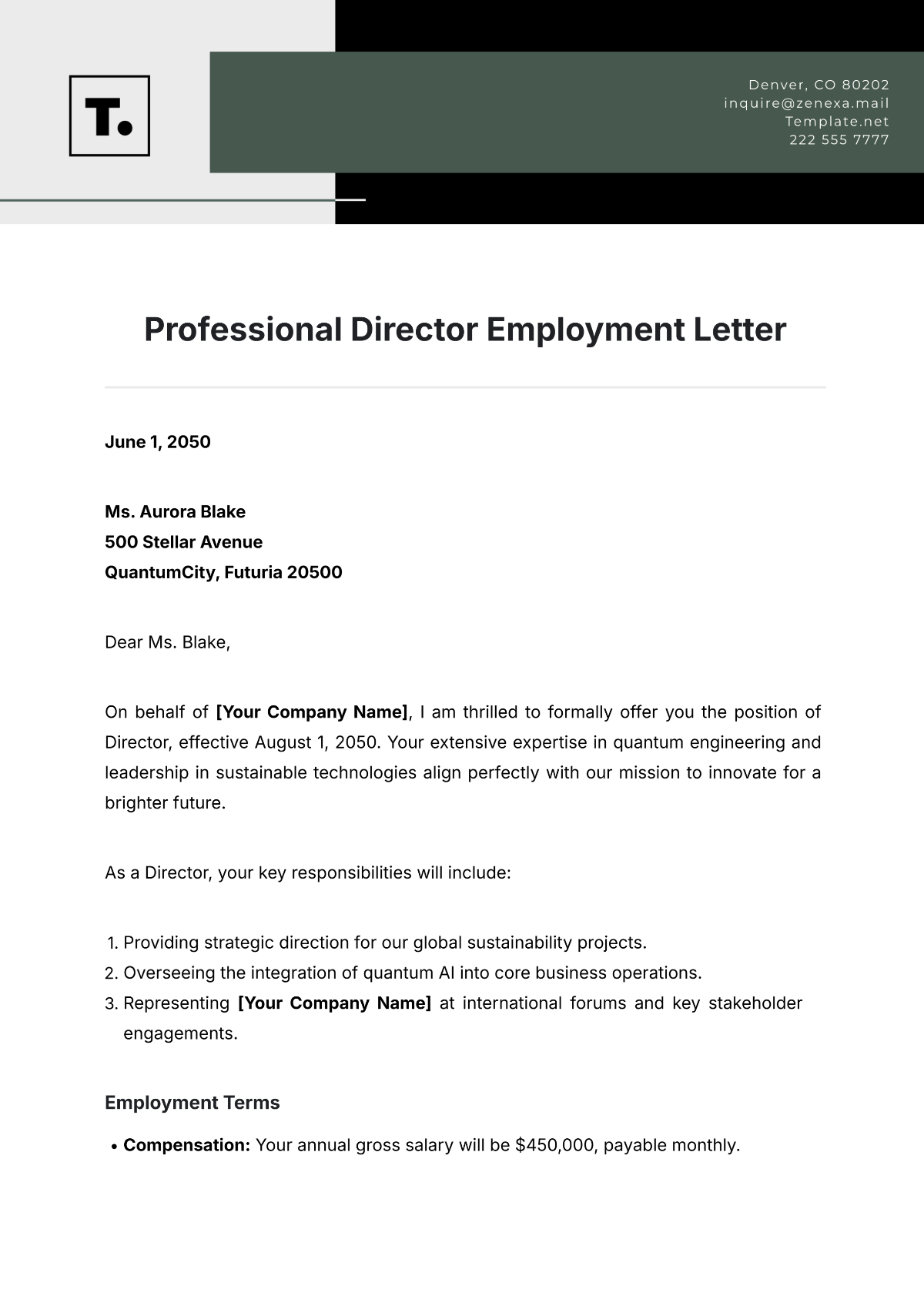 Professional Director Employment Letter Template - Edit Online & Download