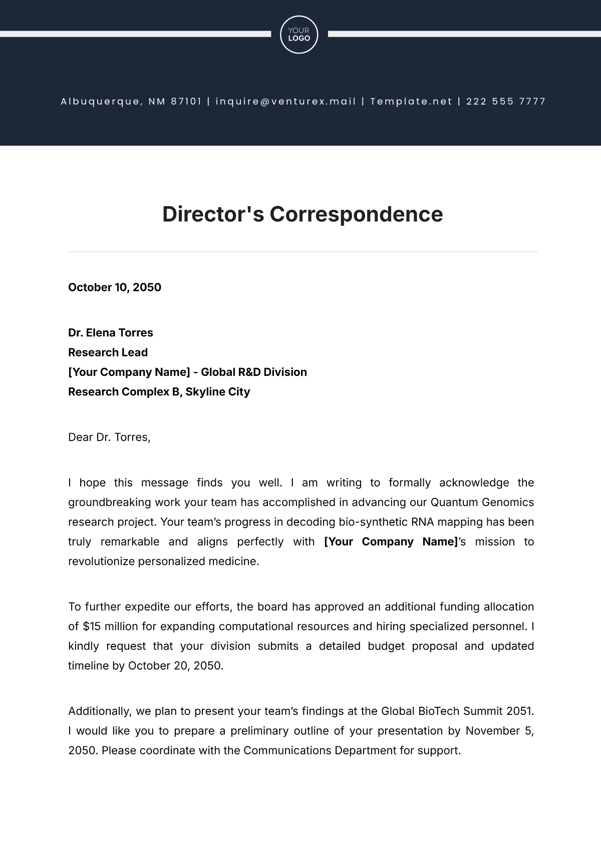 Director's Correspondence Template - Edit Online & Download