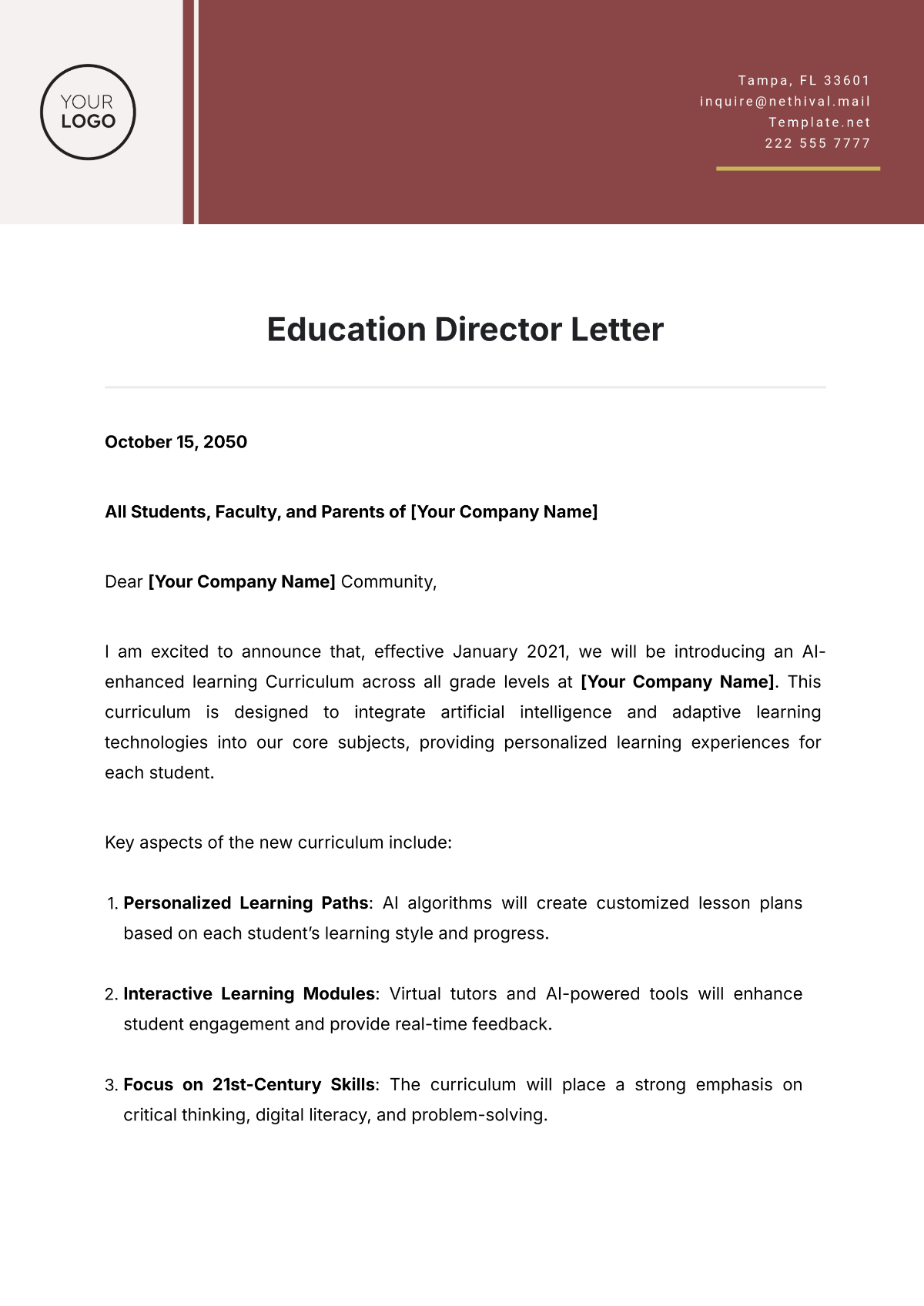 Education Director Letter Template - Edit Online & Download