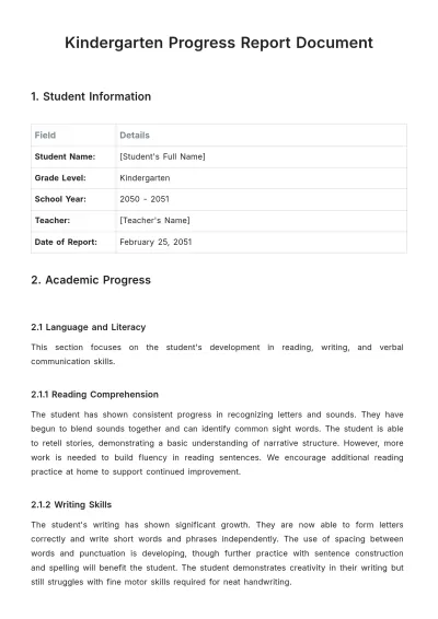 Free Kindergarten Progress Report Document Template to Edit Online