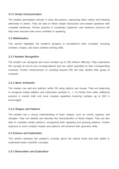 Free Kindergarten Progress Report Document Template to Edit Online