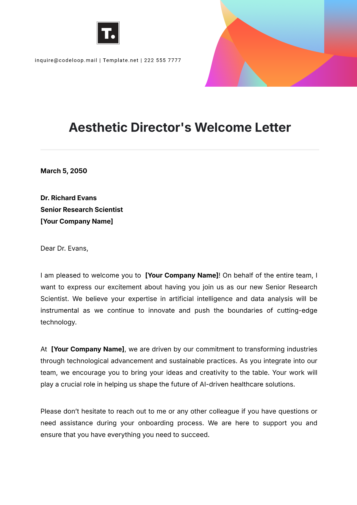 Aesthetic Director's Welcome Letter Template - Edit Online & Download