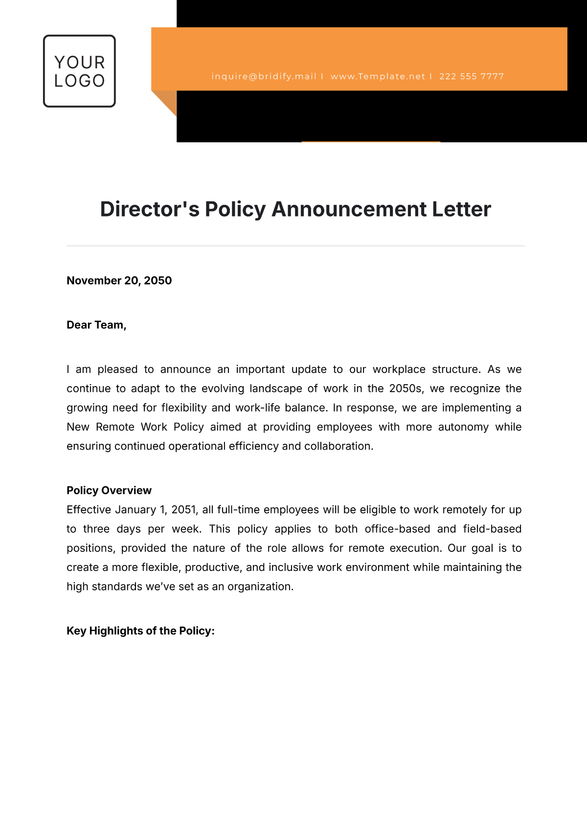 Director's Policy Announcement Letter Template - Edit Online & Download