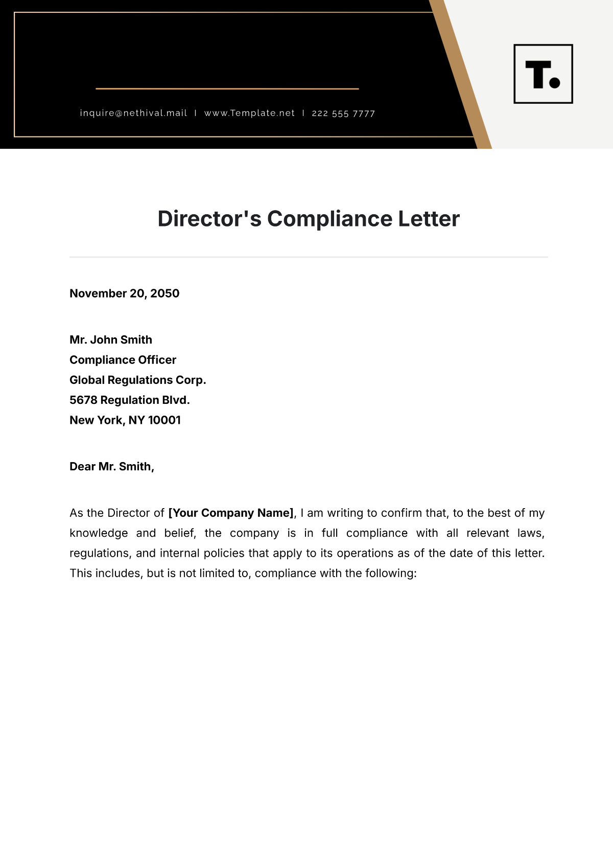 Director's Compliance Letter Template - Edit Online & Download