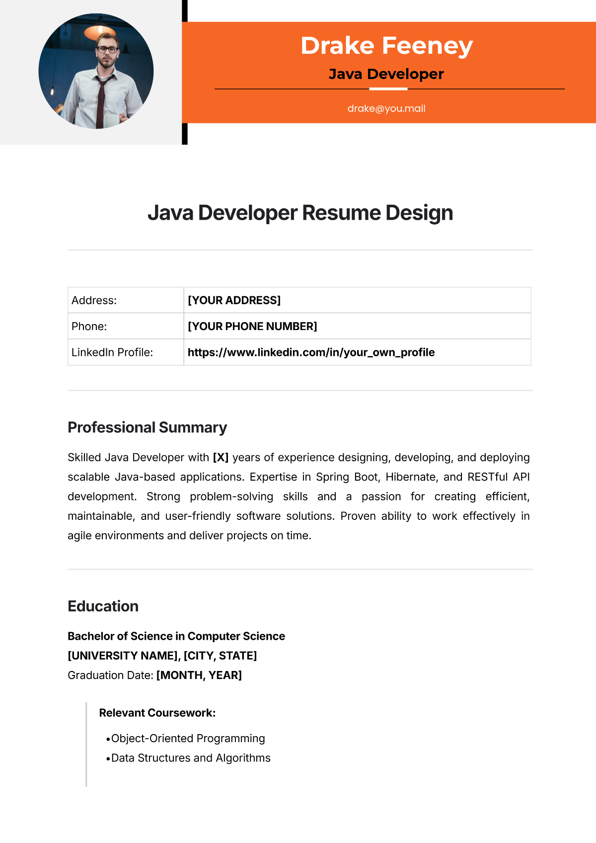 Java Developer Resume Design Template - Edit Online & Download