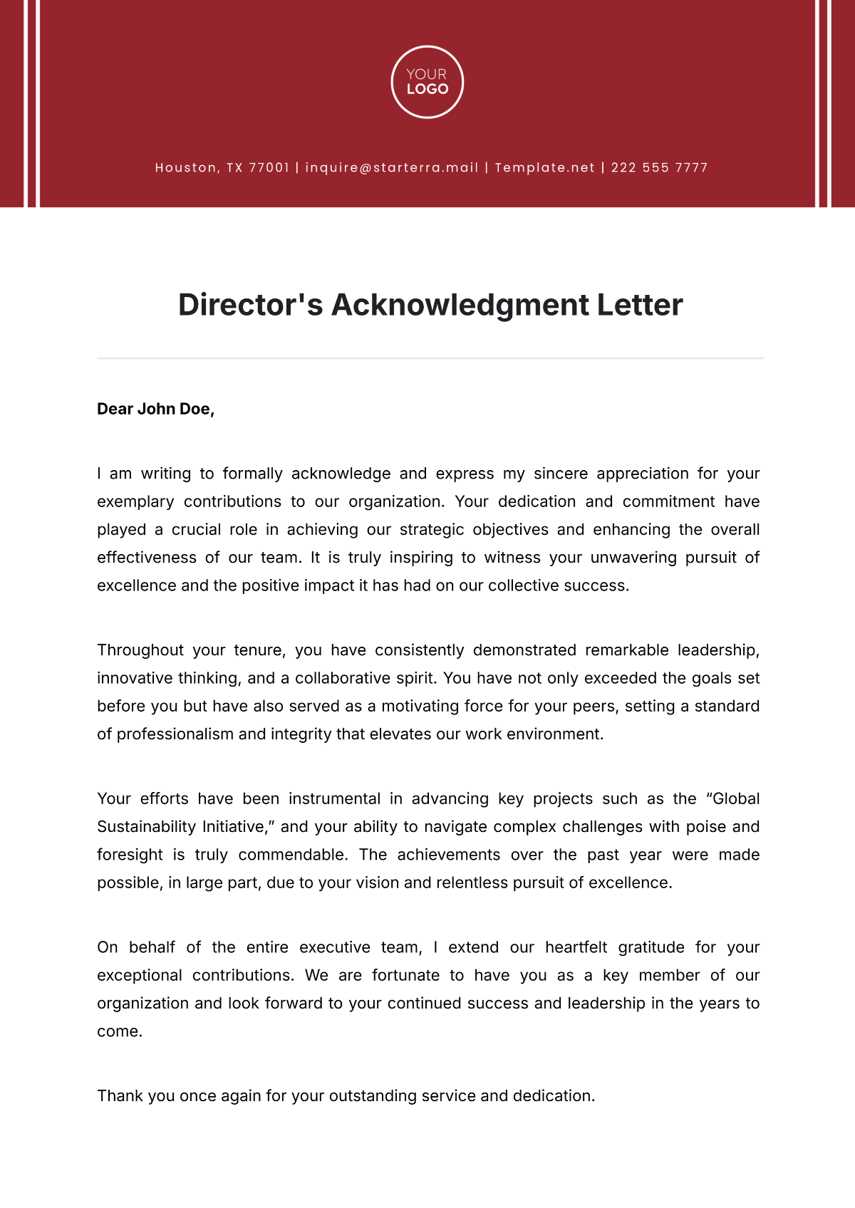 Director's Acknowledgment Letter Template - Edit Online & Download