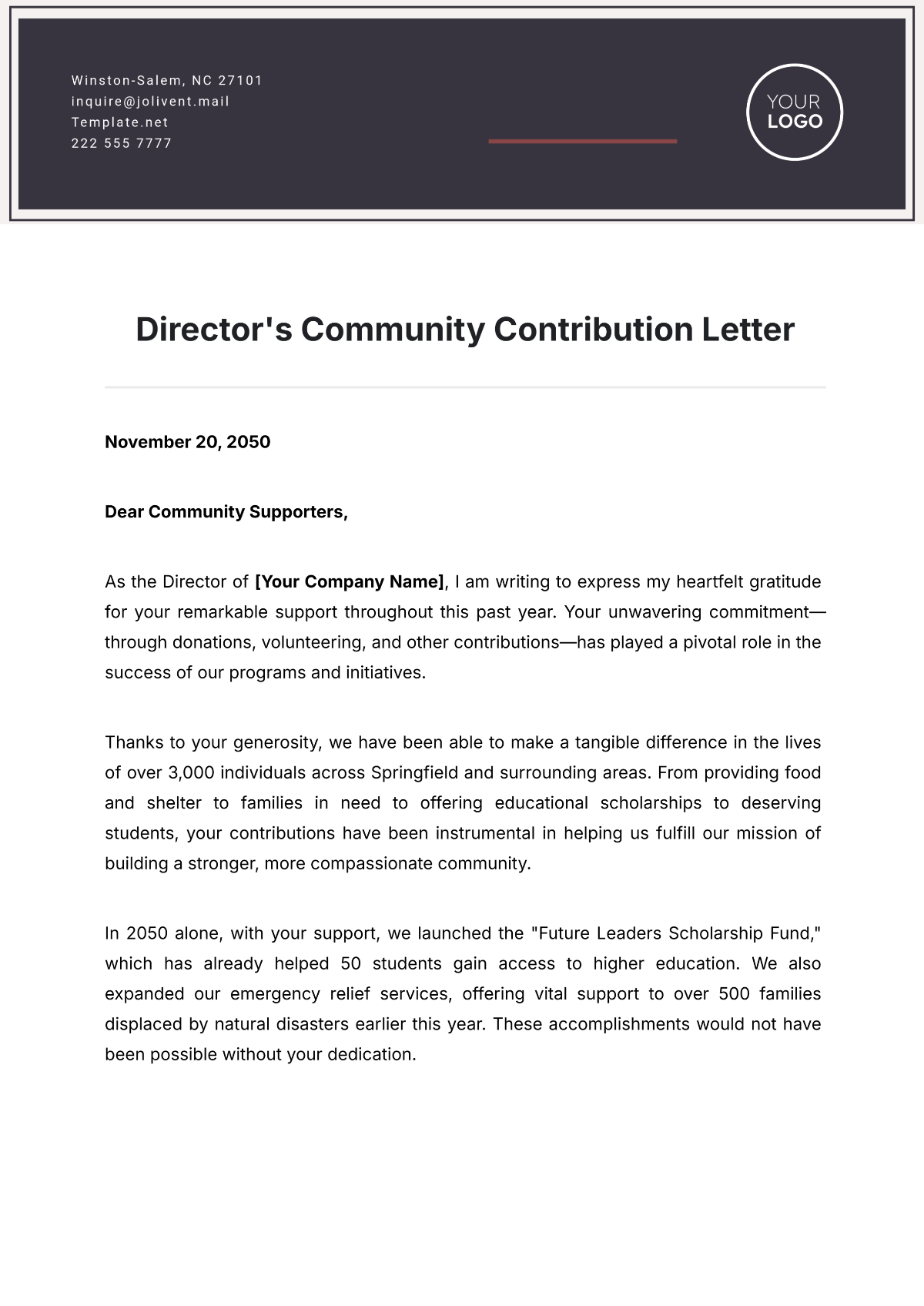 Director's Community Contribution Letter Template - Edit Online & Download