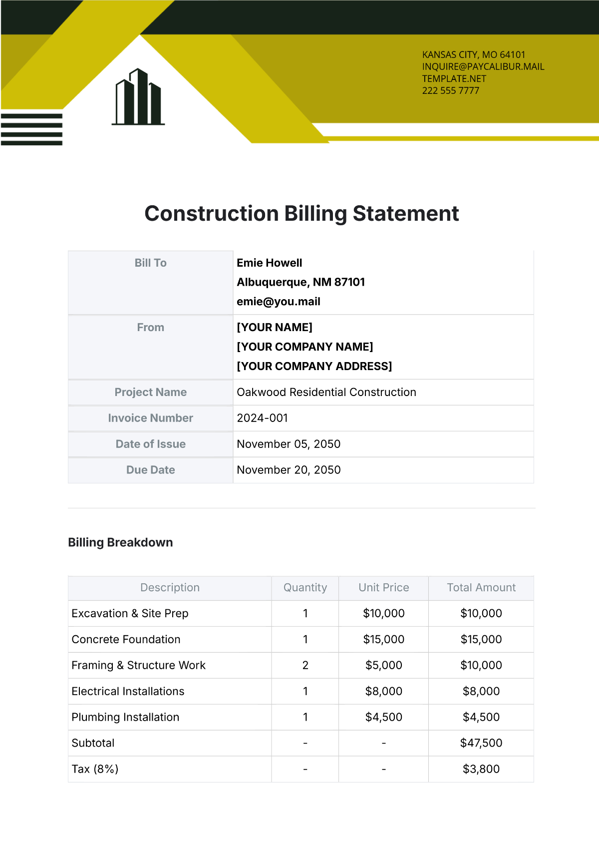 Construction Billing Statement Template - Edit Online & Download