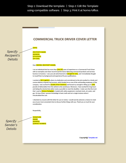 Free Commercial Truck Driver Cover Letter Template - Google Docs, Word ...