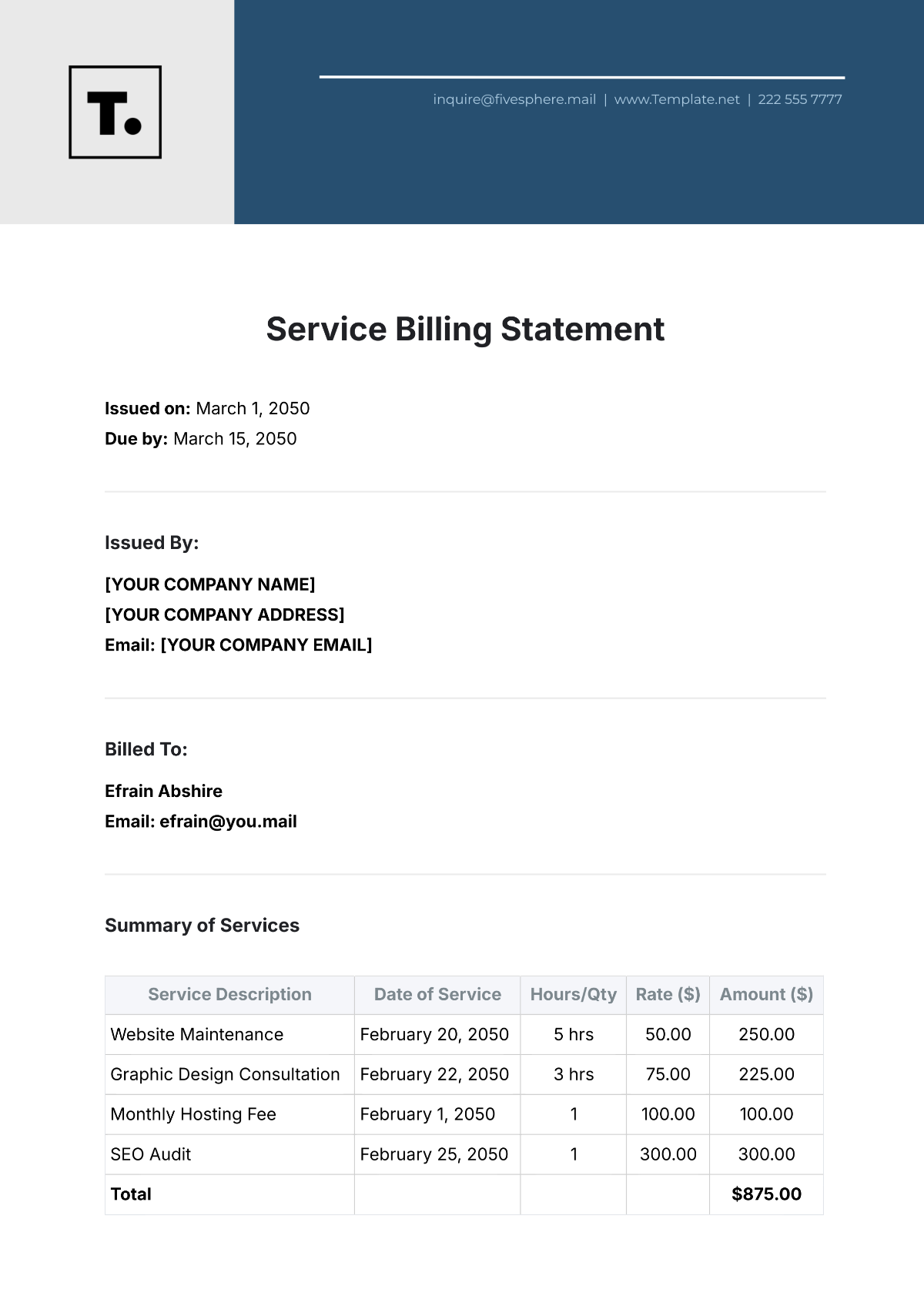 Service Billing Statement Template - Edit Online & Download