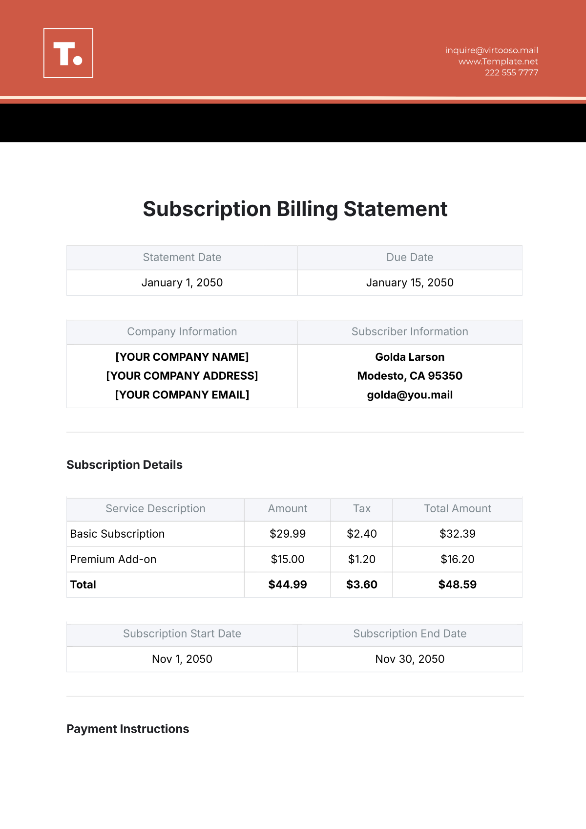 Subscription Billing Statement Template - Edit Online & Download