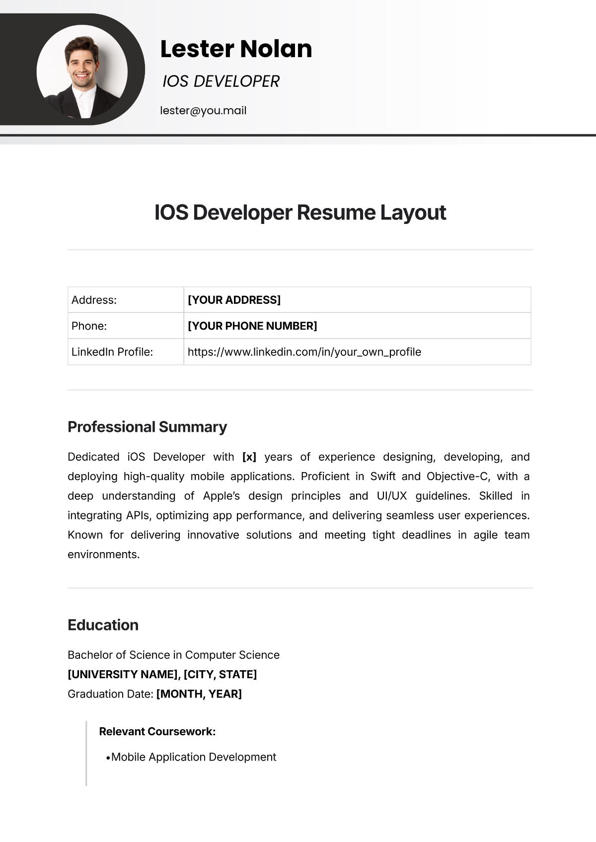 IOS Developer Resume Layout Template - Edit Online & Download