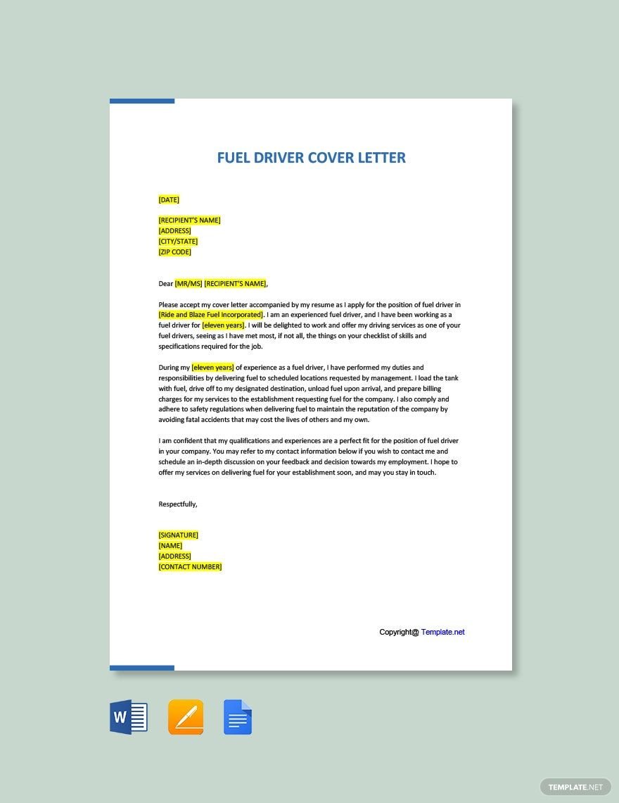 Free Fuel Driver Cover Letter