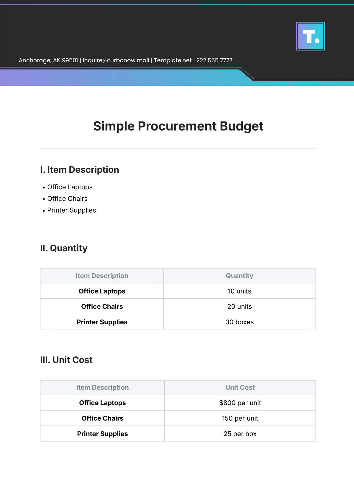 Simple Procurement Budget Template