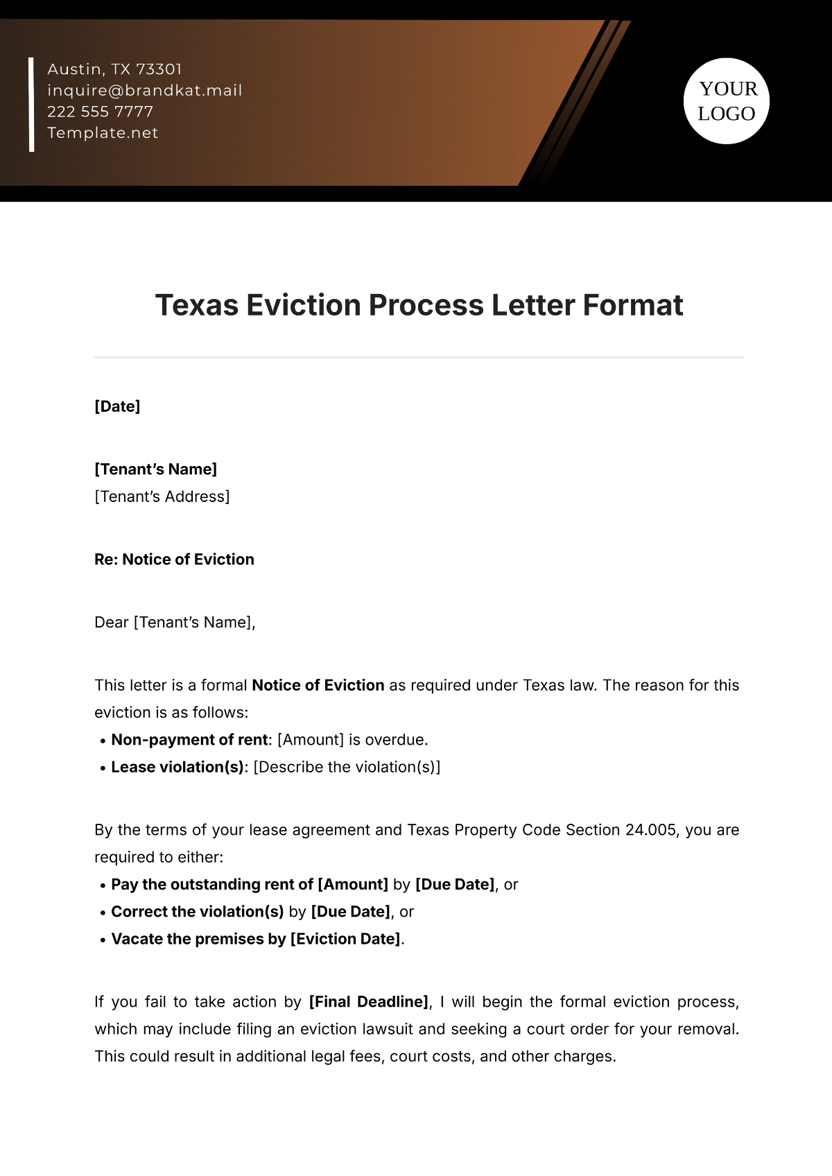 Texas Eviction Process Letter Format Template - Edit Online & Download