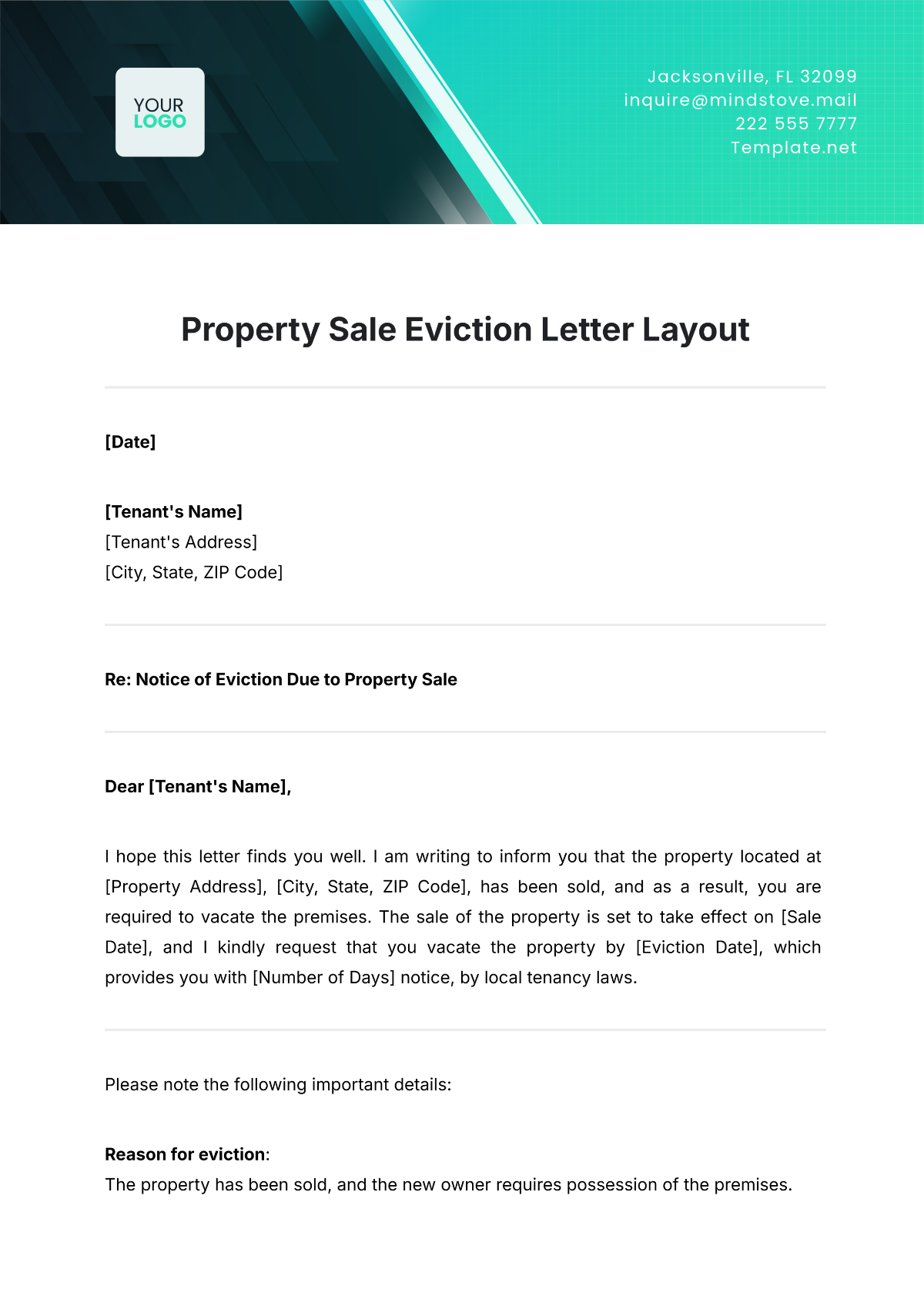 Property Sale Eviction Letter Layout Template - Edit Online & Download