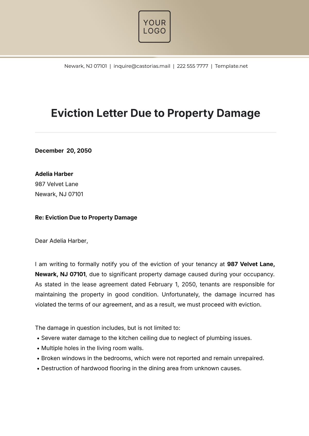 Eviction Letter Due to Property Damage Template - Edit Online & Download