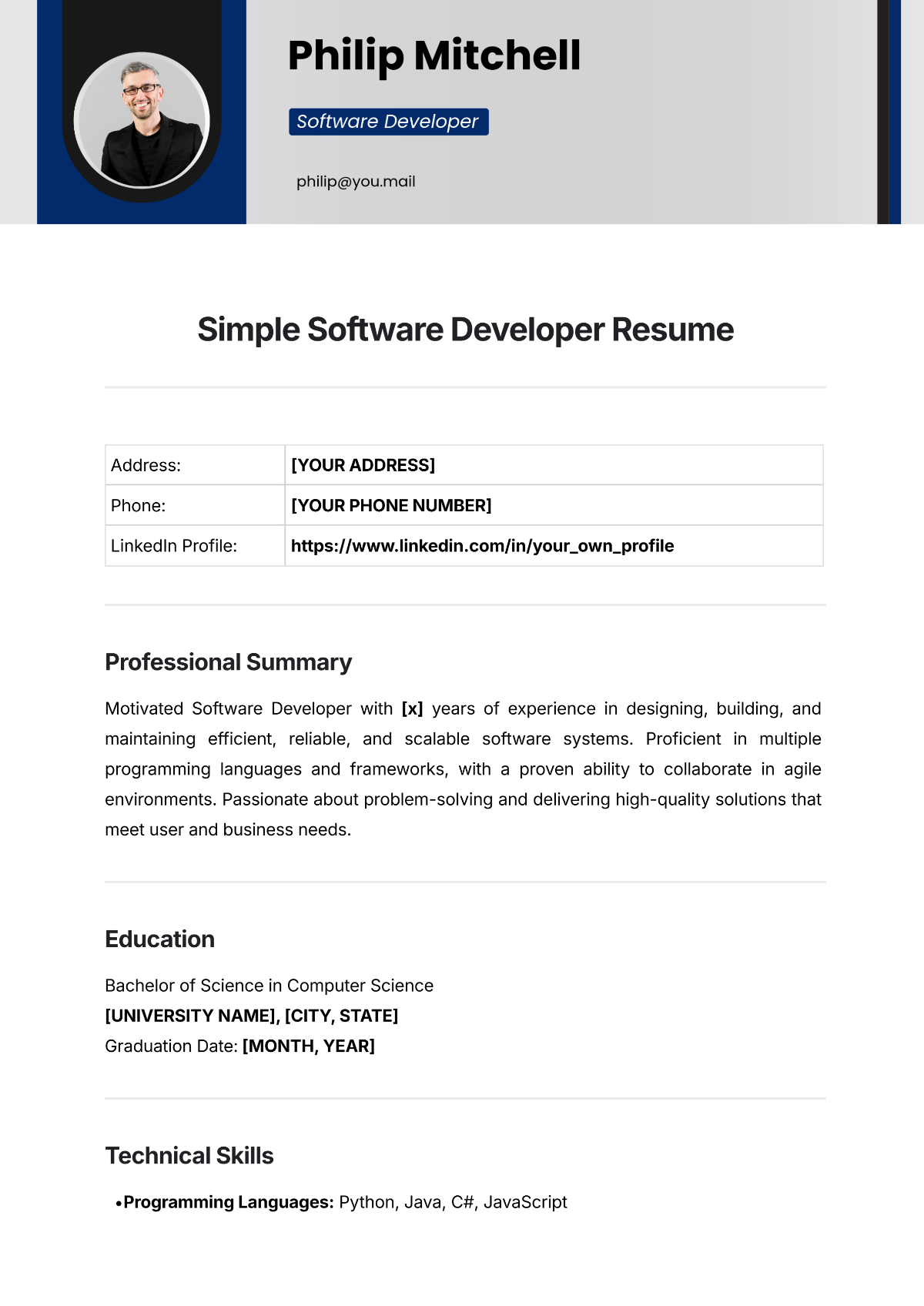 Simple Software Developer Resume Template - Edit Online & Download