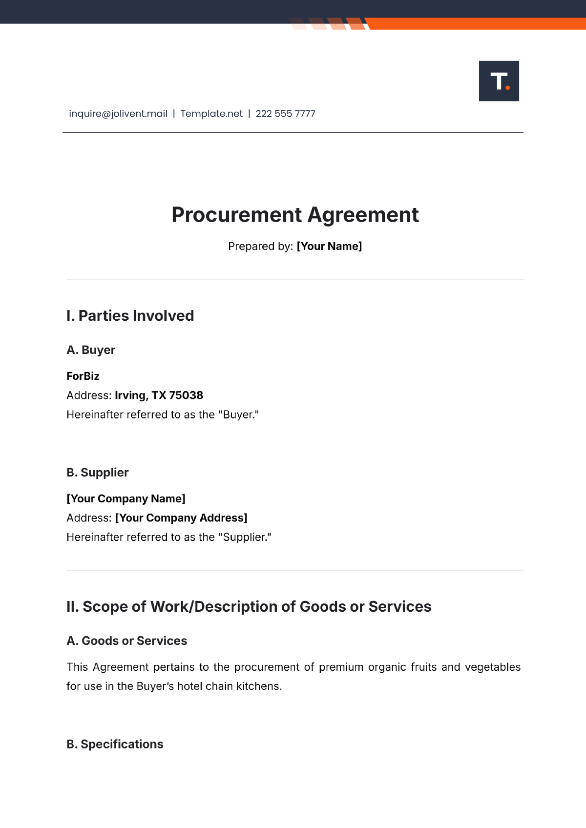 Procurement Agreement Template